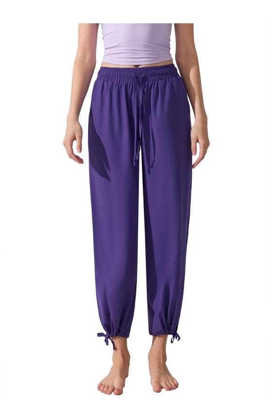 Womens Yoga Pants Casual High Waist Wide Leg Elastic Drawstring Capri Palazzo Lounge Trousers with Pockets L