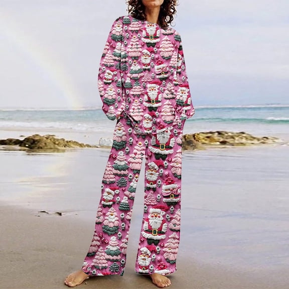 jjayotai 2 Pack Women's Christmas Pajama Set, Soft Long Sleeve Sleepwear Loungewear Pjs Sets with Pockets Pink S