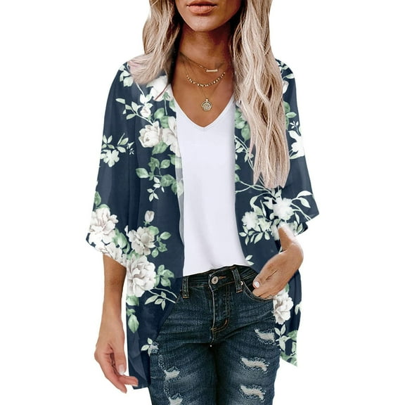 jjayotai 2024 Floral Printed Cardigans, Women's Puff Sleeve Kimono Casual Loose Cover Up Boho Blouse Tops Summer Fall