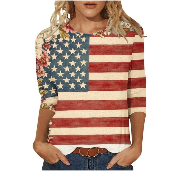 jjayotai 4th of July Shirts for Women Star and Stripes Flag Print Tunic Tops 3/4 Sleeve Patriotic Blouses Outfits