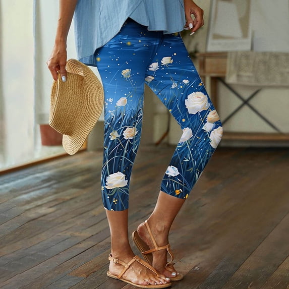 jjayotai Boho Floral Print Leggings for Women, Trendy Art Painting Beach Summer Fall Clothes Yoga Pants High Waisted Capri Trousers