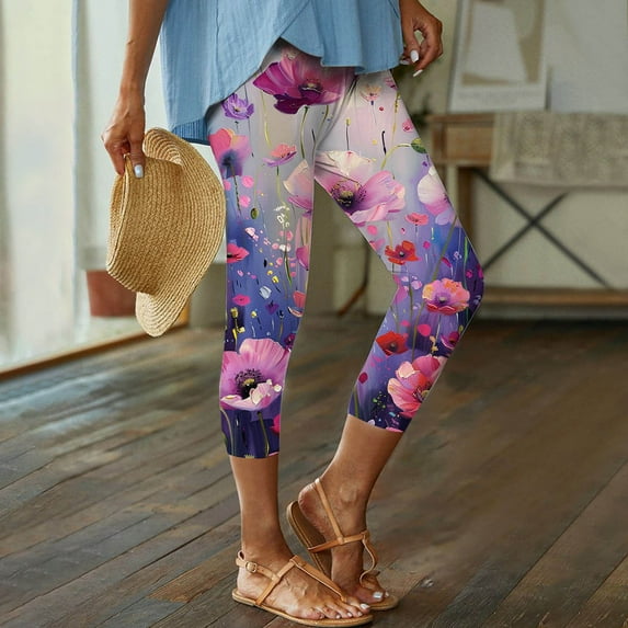 jjayotai Boho Floral Print Leggings for Women, Trendy Art Painting Beach Summer Fall Clothes Yoga Pants High Waisted Capri Trousers