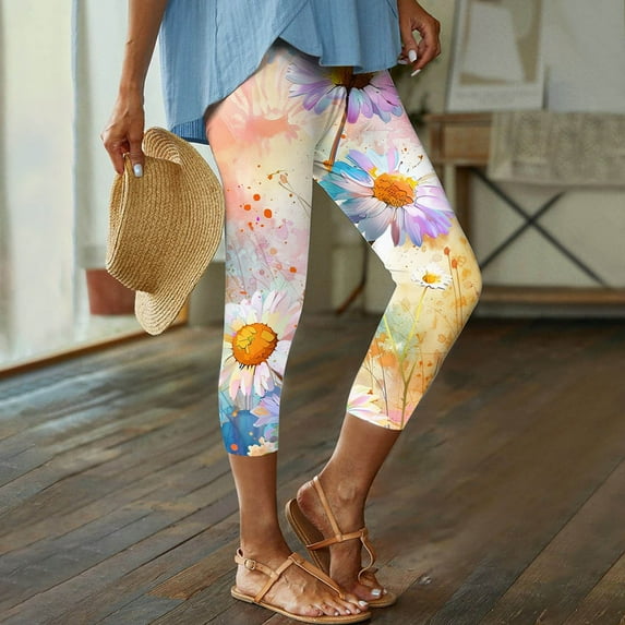 jjayotai Boho Floral Print Leggings for Women, Trendy Art Painting Beach Summer Fall Clothes Yoga Pants High Waisted Capri Trousers