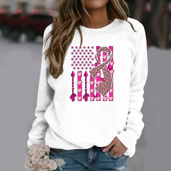 jjayotai Breast Cancer Shirts, Womens Pink Ribbon Graphic Sweatshirt Casual Long Sleeve Pullover Blouse Loose Basic Tops