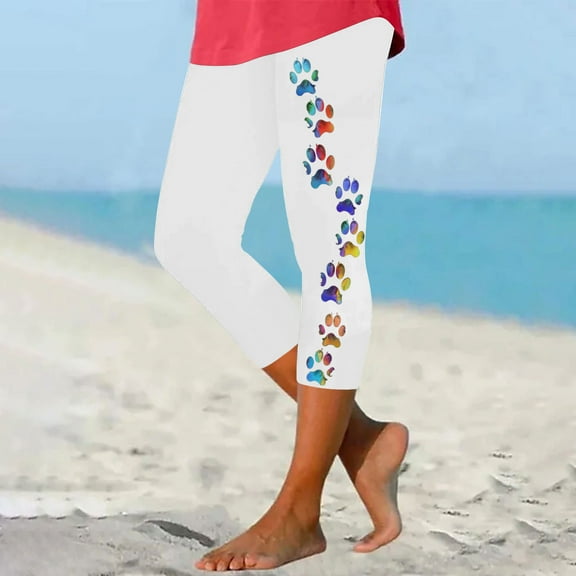 jjayotai Capri Leggings for Women, Cute Paws Printed Knee Length Running Tights Pants Comfy Cropped Yoga Lounge Pants