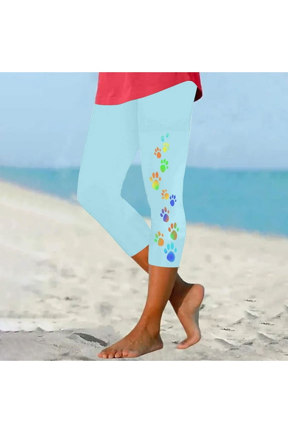 Capri Leggings for Women, Cute Paws Printed Knee Length Running Tights Pants Comfy Cropped Yoga Lounge Pants