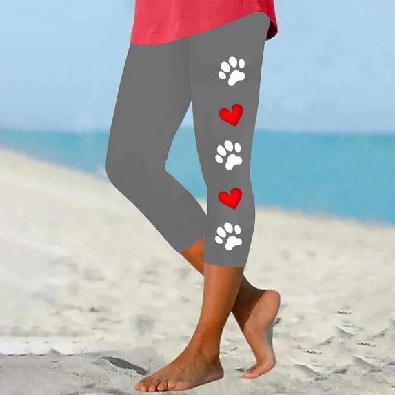 jjayotai Capri Leggings for Women, Cute Paws Printed Knee Length Running Tights Pants Comfy Cropped Yoga Lounge Pants
