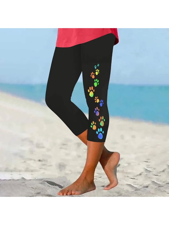 Capri Leggings for Women, Cute Paws Printed Knee Length Running Tights Pants Comfy Cropped Yoga Lounge Pants