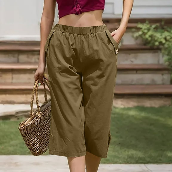 jjayotai Capri Pants for Women, High Waisted Straight Leg Capris Solid Loose Fit Trendy Lounge Pants with Pockets 2024 Summer Khaki XL