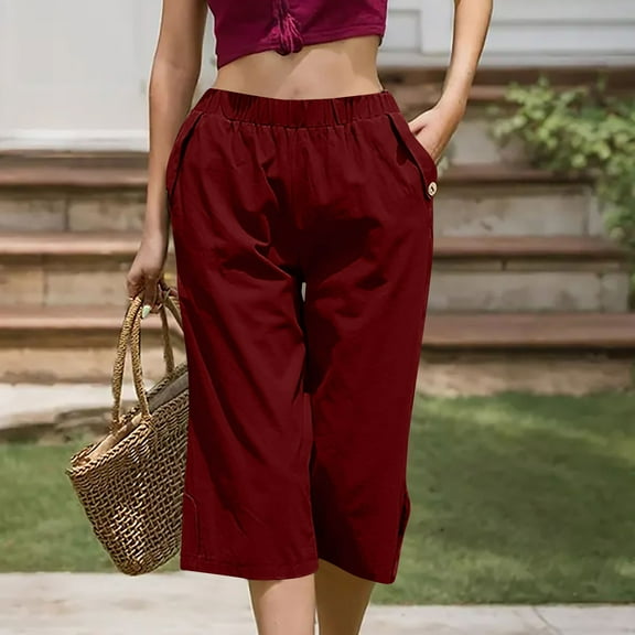 jjayotai Capri Pants for Women, High Waisted Straight Leg Capris Solid Loose Fit Trendy Lounge Pants with Pockets 2024 Summer Wine L
