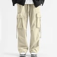thumbnail image 1 of jjayotai Cargo Pants for Men, Drawstring Stretchy Waist Outdoor Straight Wide Leg Pants, Fashion Y2k Street Trousers with Pocket Beige L, 1 of 4