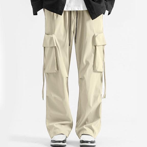 jjayotai Cargo Pants for Men, Drawstring Stretchy Waist Outdoor Straight Wide Leg Pants, Fashion Y2k Street Trousers with Pocket Beige L