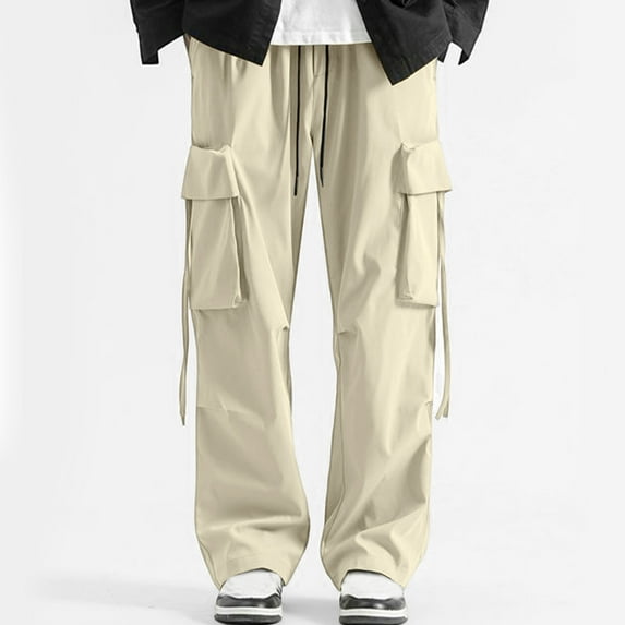 jjayotai Cargo Pants for Men, Drawstring Stretchy Waist Outdoor Straight Wide Leg Pants, Fashion Y2k Street Trousers with Pocket Beige L