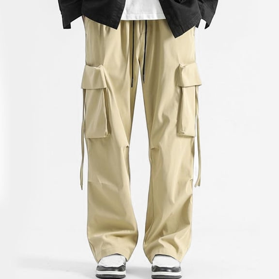 jjayotai Cargo Pants for Men, Drawstring Stretchy Waist Outdoor Straight Wide Leg Pants, Fashion Y2k Street Trousers with Pocket Khaki L