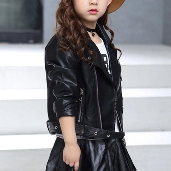 jjayotai Children's Jacket Girl Boy Motorcycle Jacket Kid Outwear Solid Color Zipper Coat Black 10-11 Years