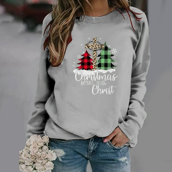 jjayotai Christmas Begin with Christ Sweatshirts for Women, Plaid Trees Graphic Tops Long Sleeve Leopard Faith Cross Tunic Pullover Top