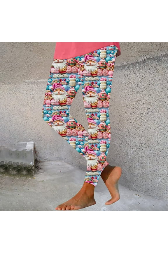 Christmas Leggings for Women, Santa Claus Print Graphic Leggings Athletic High Waisted Tummy Control Yoga Pants Blue XXL