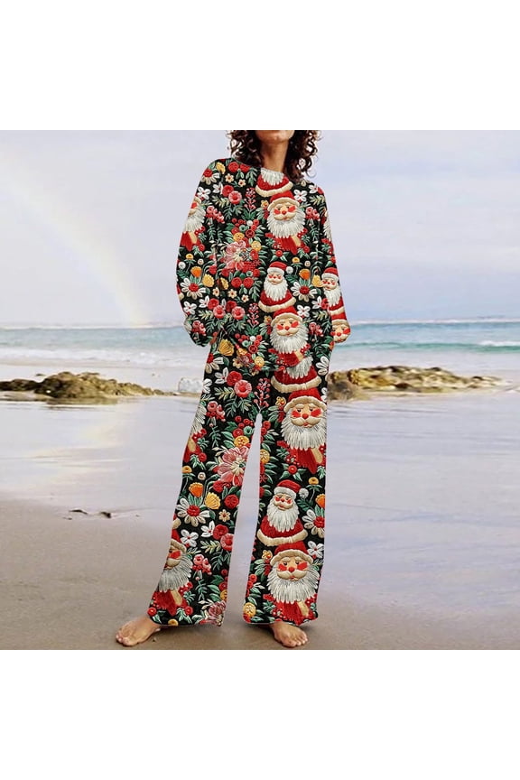 Christmas Pajama Set for Women, 3D Graphic Ugly Christmas Sleepwear Cute Xmas Loungewear Pjs Sets with Pocket Multicolor L