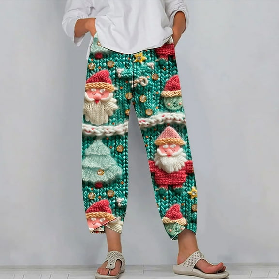 jjayotai Christmas Santa Claus Pajama Pants for Womens, Plus Size High Waist Wide Leg Pants Loose Fit Comfy Lounge Trousers with Pockets Green XXXL