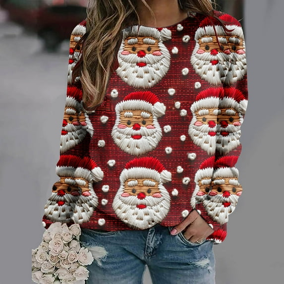 jjayotai Christmas Sweatshirts for Women, Plus Size 3D Ugly Pink Santa Printed Trendy Christmas Tree Shirts Xmas Outfits Funny Tops Blouses Red S