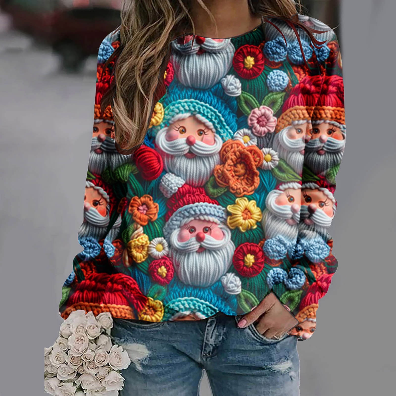 jjayotai Christmas Tops for Women, Plus Size 3D Santa Print Long Sleeve