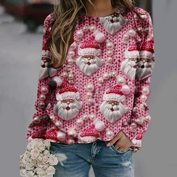 jjayotai Christmas Ugly Sweaters for Women, Novelty 3D Cute Printed Long Sleeve Funny Sweatshirts Xmas Ladies Cute Tops Pullover Pink XXL