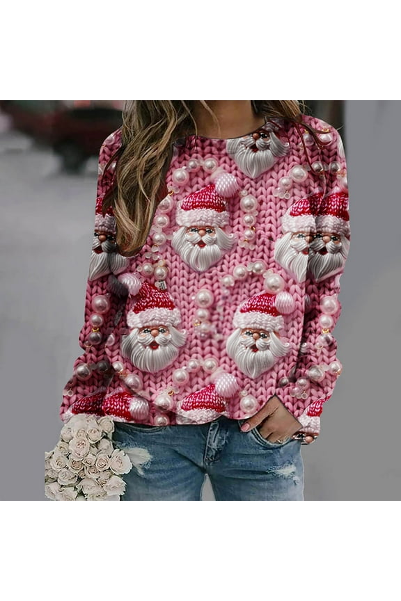 Christmas Ugly Sweaters for Women, Novelty 3D Cute Printed Long Sleeve Funny Sweatshirts Xmas Ladies Cute Tops Pullover Pink XXXL