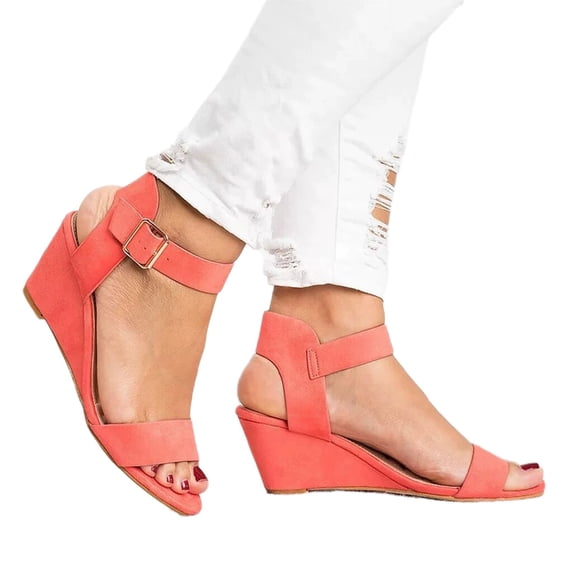 jjayotai Clearance Sandals for Women Women's Solid Color Round Toe Wedge Heel Buckle Suede Low Top Sandals Shoes Rollbacks Watermelon Red