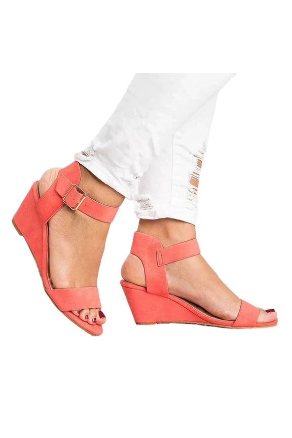 Clearance Sandals for Women Women's Solid Color Round Toe Wedge Heel Buckle Suede Low Top Sandals Shoes Rollbacks Watermelon Red