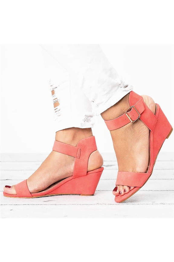 Clearance Sandals for Women Women's Solid Color Round Toe Wedge Heel Buckle Suede Low Top Sandals Shoes Rollbacks Watermelon Red