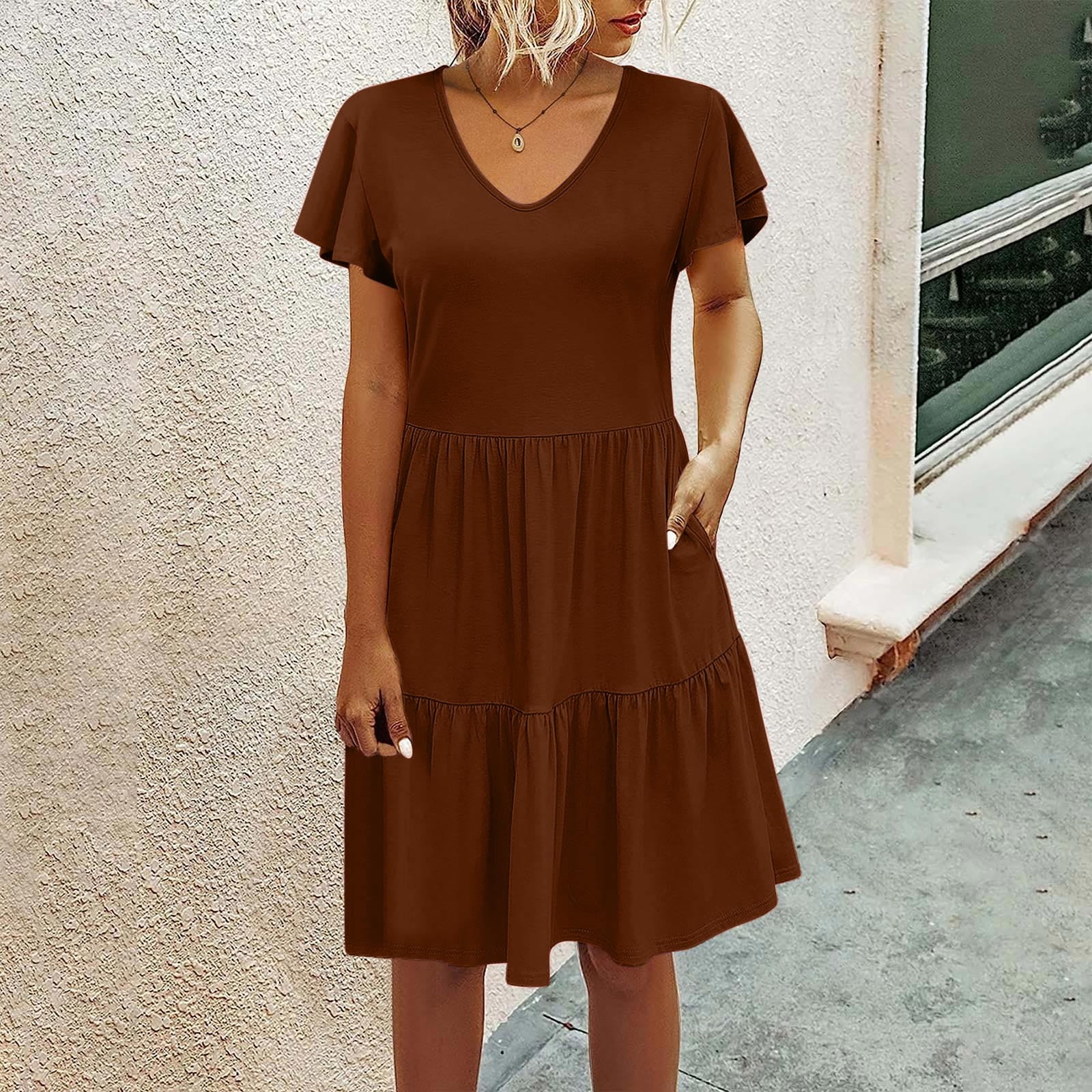 jjayotai Clearance Women Casual Loose Dress Beach Vneck Solid Color