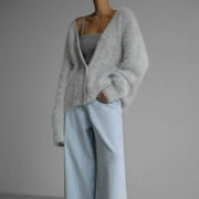 jjayotai Clearance Womens Fuzzy Knit Cardigan, Button Up V Neck Oversized Slouchy Furry Sweater Coat Outwear Top
