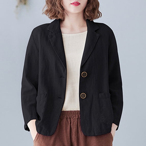 jjayotai Clearance Womens Blazer Jacket, Cotton Linen Casual Work Office Long Sleeve Suit Loose Fit 2 Buttons Solid Tops