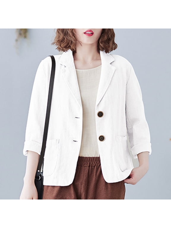 Clearance Womens Blazer Jacket, Cotton Linen Casual Work Office Long Sleeve Suit Loose Fit 2 Buttons Solid Tops