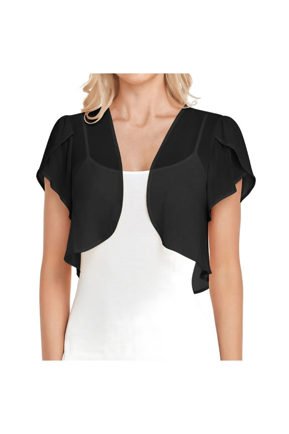 Clearance Womens Bolero Shrug Cardigan, Sheer Ruffle Trim Short Sleeve Chiffon Bolero Jacket for Summer Dress Open Front Crop Tops