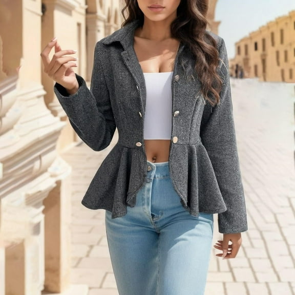 jjayotai Clearance Womens Business Blazer, Solid Ruffles Stand Collar Button Lightweight Office Work Jacket Coat