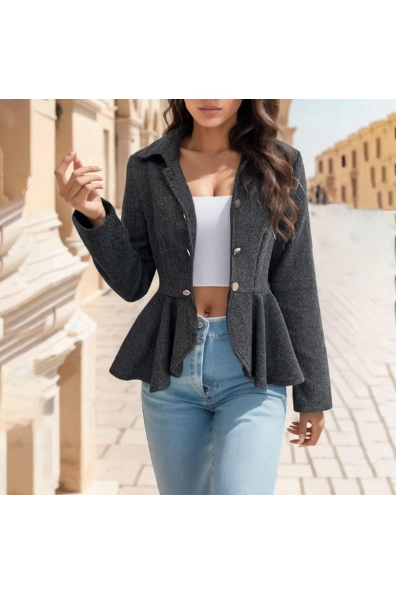 Clearance Womens Business Blazer, Solid Ruffles Stand Collar Button Lightweight Office Work Jacket Coat