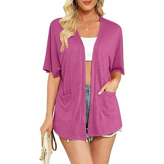 jjayotai Clearance Womens Short Sleeve Kimono Cardigan, Lightweight Summer Solid Cardigan Casual Loose Beach Coverups Curved Hem with Pockets
