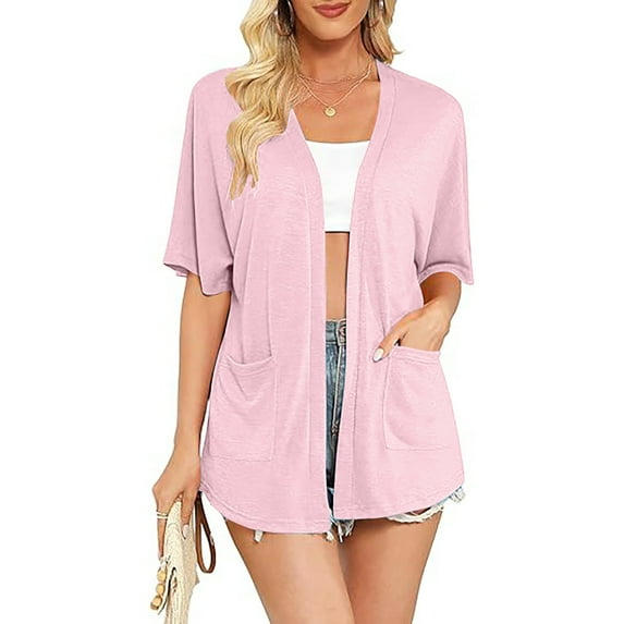 jjayotai Clearance Womens Short Sleeve Kimono Cardigan, Lightweight Summer Solid Cardigan Casual Loose Beach Coverups Curved Hem with Pockets