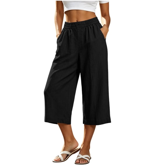 jjayotai Cotton Capris Shorts for Women Elastic Waist Wide Leg Shorts Loose Fitted Casual Summer Comfy Shorts with Pockets