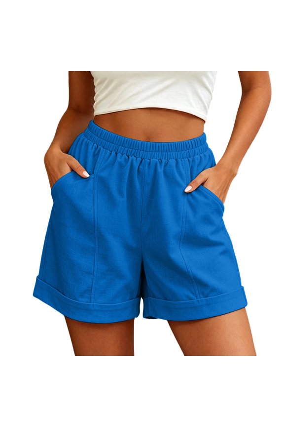 Cotton Linen Shorts for Women Summer High Waist Shorts Wrap Hem Wide Leg Shorts with Pockets