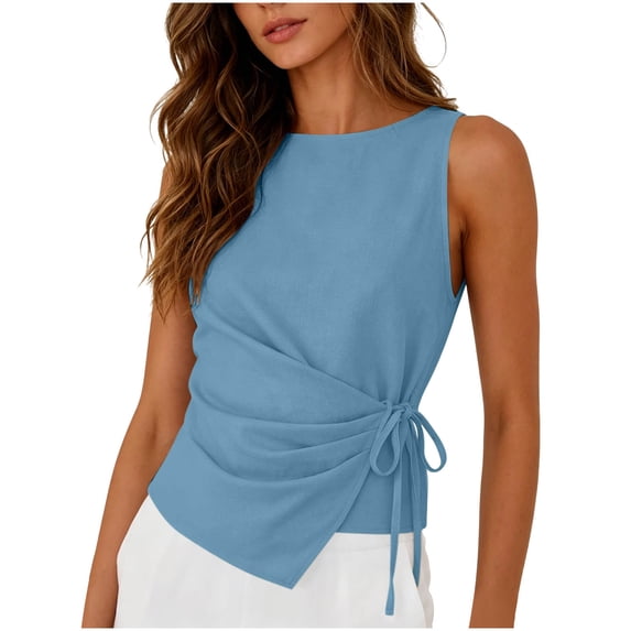 jjayotai Cotton Linen Tank Tops for Women Tie Wrap Sleeveless Ruched Boatneck Shirts Casual Summer Beach Going out Tops