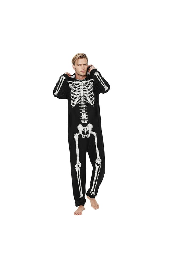 Family Matching Pajamas, Halloween Hoodie Onesie Cute Skeleton Pjs Print Jumpsuit Photography Costume Fall Outfits, Suit for Men