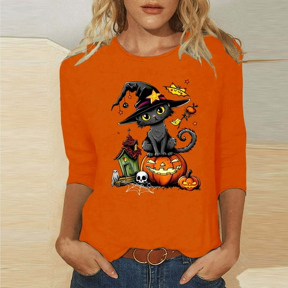 jjayotai Halloween Womens 3/4 Sleeve Tops Clearance Halloween Crewneck Sweatshirt for Women, Trendy Cute Black Cat Pumpkin Graphic 3/4 Sleeve Tops Lightweight Workout Loose Fall Winter Blouse Shirt