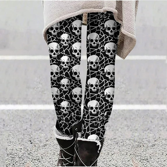 jjayotai Halloween Womens Leggings Pants Clearance Women's Fashion Halloween Skeleton Print Leggings Tummy Control Yoga Sport Stretchy Warm Thermal Pants
