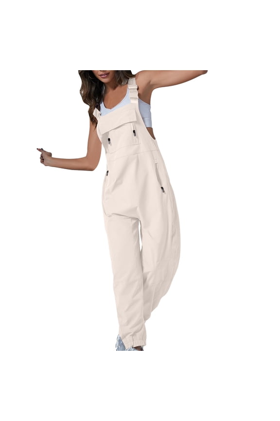 Hiking Overalls for Women, Plain Adjustable Straps Cargo Long Pants Jumpsuits Casual Bib Rompers with Pockets Beige M