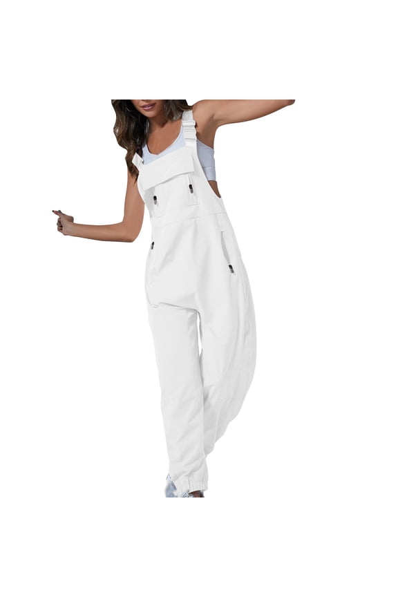 Hiking Overalls for Women, Plain Adjustable Straps Cargo Long Pants Jumpsuits Casual Bib Rompers with Pockets White S