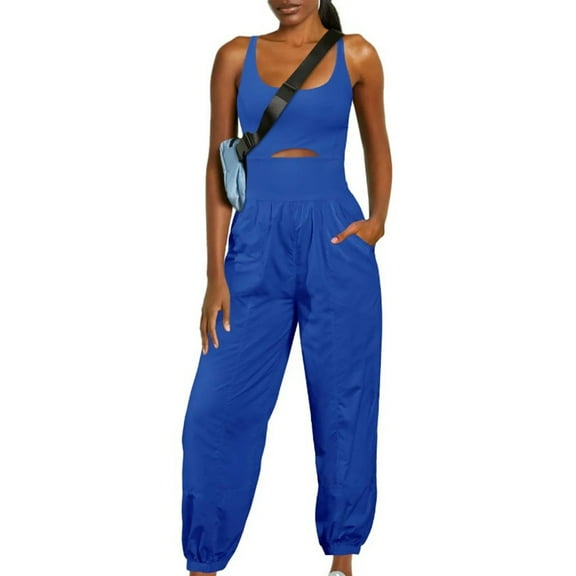 jjayotai Jumpsuits for Women, Casual Summer Fall Rompers Sleeveless Loose Strap Baggy Overalls Yoga Harem Jumpers with Pockets Dark Blue M
