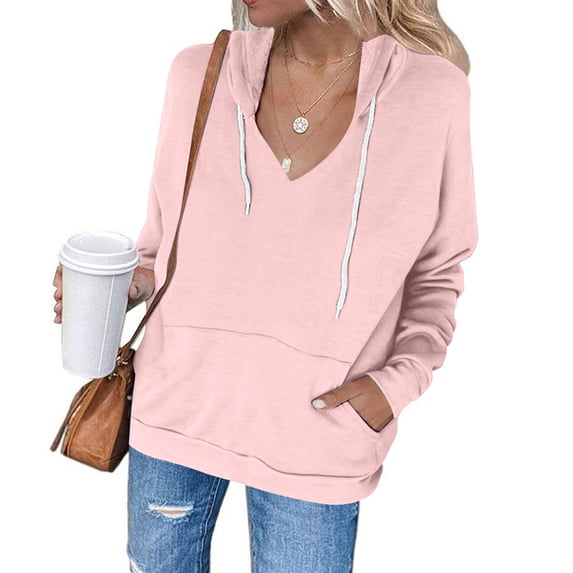 jjayotai Kangaroo Pocket Hoodies for Women, V Neck Lightweight Solid Sweatshirts Long Sleeve Tops