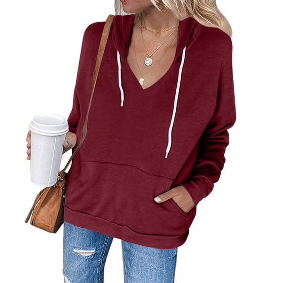 jjayotai Kangaroo Pocket Hoodies for Women, V Neck Lightweight Solid Sweatshirts Long Sleeve Tops